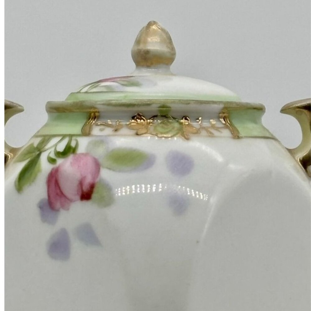 Antique Nippon Hand Painted Double-Handled Small Sugar Bowl With Lid Pink Roses~ - Picture 8 of 14